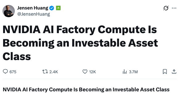 lizrhoffman's tweet photo. Jensen Huang: We're creating a new financial asset class

The lawyers: We're not creating a new financial asset class, please do not regulate this like a new financial asset class

SEC: got it https://t.co/bp84dSjlO3