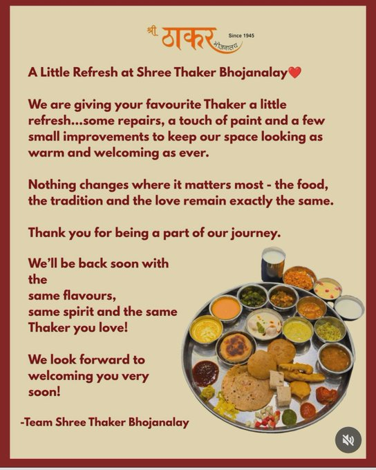 ShreyaShah22's tweet photo. 🚨 Shree Thakkar Bhojanalay goes on a sabbatical!

One of Mumbai’s most famous Gujarati thali restaurants has temporarily shut down.
Is this the Tukaram Munde effect? 👀

Mumbai’s food businesses are certainly feeling the heat. 🔥 https://t.co/rXdXAT6yMb