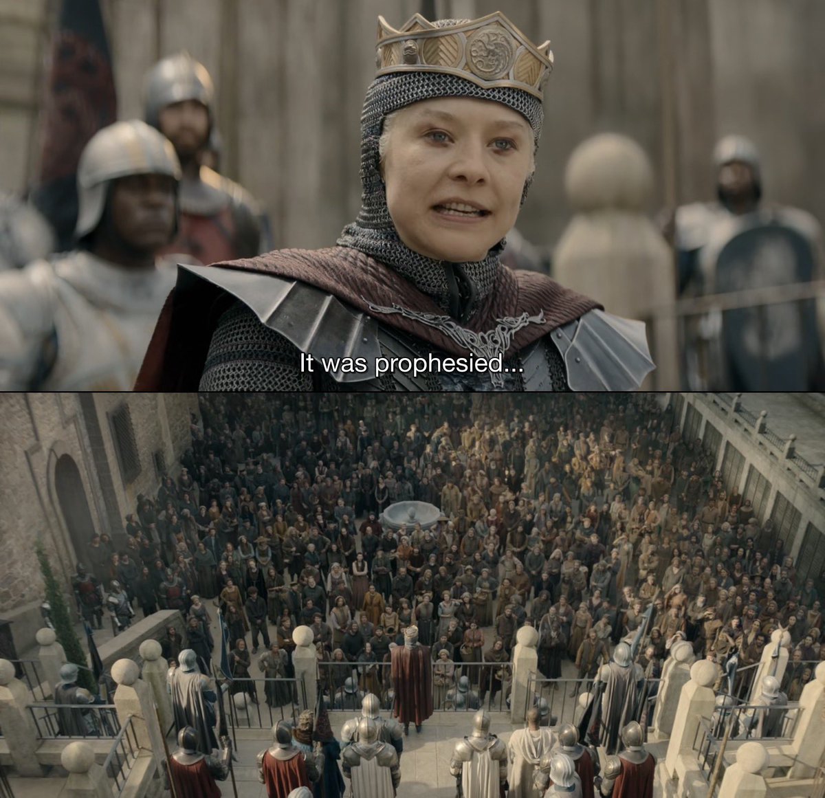 Creativemelody1's tweet photo. Wait… Rhaenyra really told Everyone about Aegon’s prophecy? 
Wasn’t that supposed to be a Targaryen family secret? https://t.co/hxHxGOOp7e