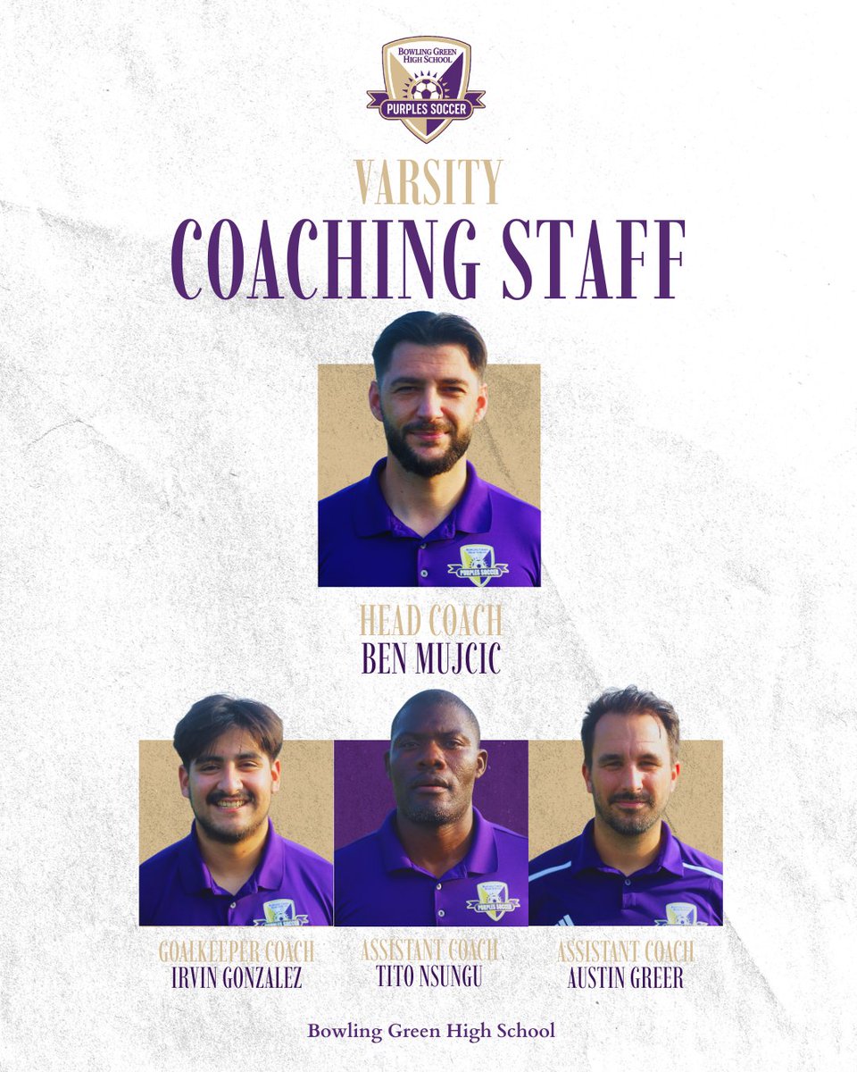 Purples_Soccer's tweet photo. Meet your BGHS Varsity Coaching Staff. 🟣⚽

Head Coach — Ben Mujcic
GK Coach — Irvin Gonzalez
Assistant Coach — Tito Nsungu
Assistant Coach — Austin Greer

Ready for the 2026 season.

#GoPurples #BGHS #PurpleSoccer https://t.co/2RJiJNBZUi