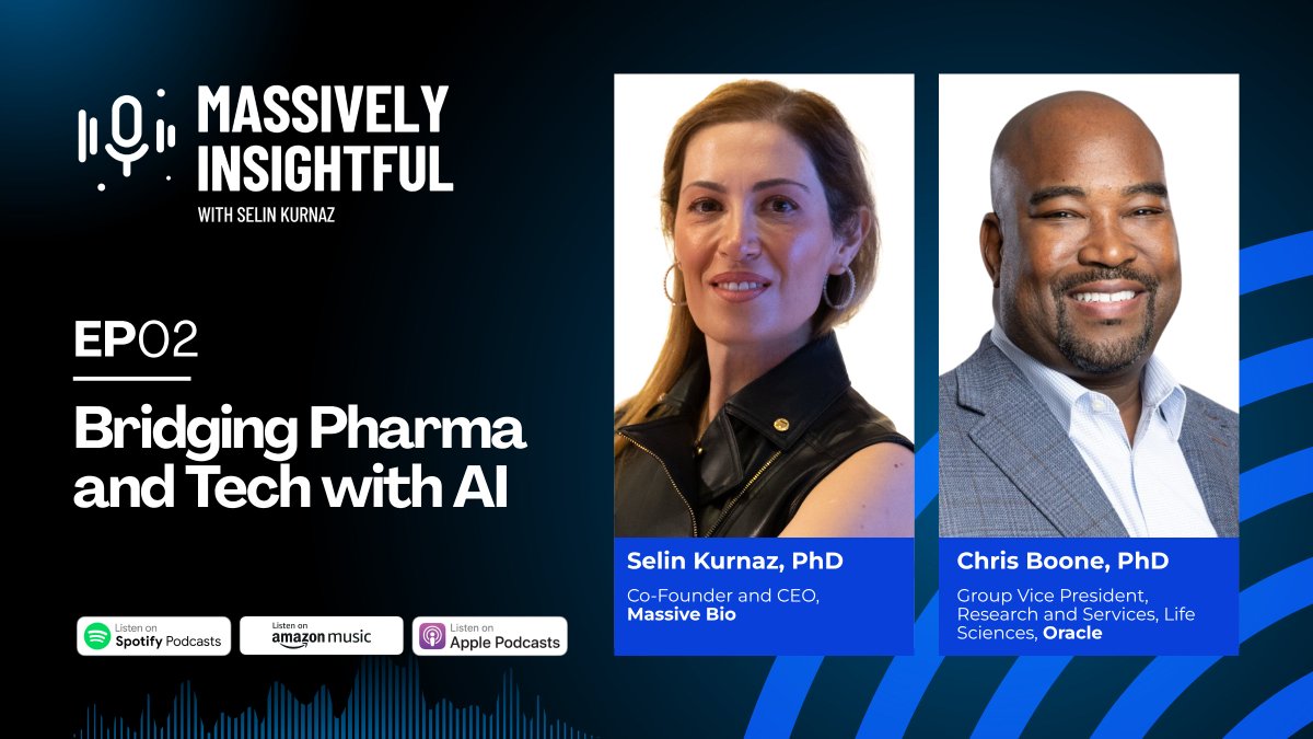 MassiveBio's tweet photo. 🎙️ New episode of Massively Insightful!

Our Co-Founder and CEO Selin Kurnaz talks with Christopher P. Boone, PhD (Oracle, GVP Research & Services for Life Sciences) about AI in drug discovery, real-world evidence, AI governance, and digital twins in healthcare.

🎧 Listen now:
Spotify: https://t.co/BcGD5FO1uu
Amazon Music: https://t.co/661u8jrSE0
Apple Podcasts: https://t.co/JfYYvXmxeH

Learn more: https://t.co/CWw0FpMzKj

#MassivelyInsightful #HealthcareAI #PrecisionOncology #ClinicalTrials #DigitalHealth