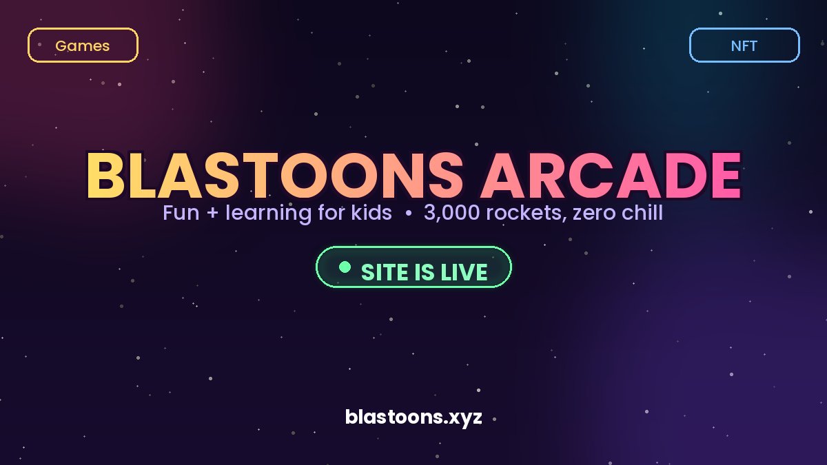 BlastoonsNFT's tweet photo. Introducing Blastoons Arcade and Learn.

Everything lives at https://t.co/1hMhxyesuK

Blastoons started as 3,000 rockets drawn by a 12-year-old kid. It's growing into something bigger: a place where fun and learning live in one spot, and your rocket is the key to all of it.

Arcade is live now. Seven games you can play instantly, with no login, no wallet connection. 

The NFTs & whitelist games will be open for a limited time only. Once mint is complete, the NFT section retires and the app lives on as a complete offline package for Games and Learn, which we'll keep building on and improving long after.

Learn is on the way next for curious kids. Lessons that feel more like play, with a few surprises tucked inside. We're keeping the details under wraps for now.

And this is only the start. A new platform is coming very soon, with more to follow across web3 and beyond, all connected to the same rockets and the same community.

3,000 rockets. Zero chill.