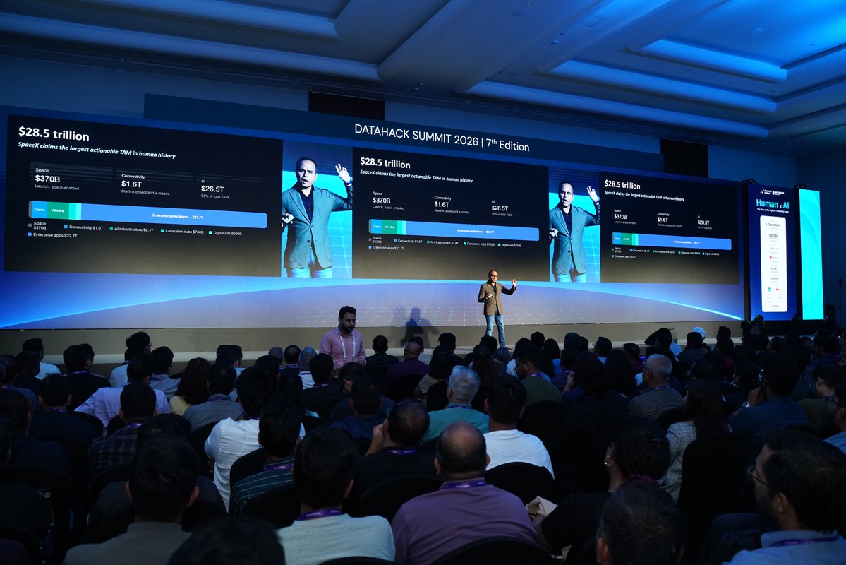 fractalai's tweet photo. Three days. Countless conversations. One clear takeaway: the future of enterprise AI is being built on agentic systems, trusted data, and experimentation at scale.

It was energizing to connect with the AI and data science community at DataHack Summit 2026 hosted by Analytics Vidhya. From showcasing PiEvolve to exchanging ideas on the future of AI, one theme stood out: realizing AI's potential starts with the right foundation.

Key highlights:

🔸Srikanth Velamakanni's keynote, Reimagining Work in the Age of Intelligence, explored how AI can drive economic growth and redefine how work gets done in the years ahead.

🔸Our PiEvolve hack session demonstrated how enterprises can turn complex data into business-ready ML outcomes through agentic workflows, evolutionary optimization, and built-in governance.

🔸At the Fractal booth, we connected with industry leaders and practitioners through live demos and conversations on agentic AI and accelerating AI-driven transformation.

Thank you to everyone who engaged with us, shared perspectives, and exchanged ideas. The conversations don't end here. We're excited about what comes next.

#DataHackSummit2026 #DHS2026 #PiEvolve #AgenticAI #EnterpriseAI #Fractal #AIInnovation #DataStrategy

[Image Description: Event photos from DHS2026, featuring Srikanth Velamakanni presenting on stage, attendees engaging at a booth, and team members posing for group photos at the exhibition area.]