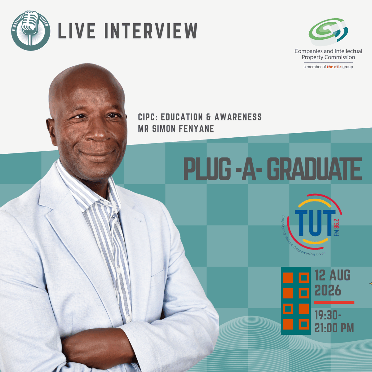 theCIPC's tweet photo. 📻RADIO INTERVIEW ALERT
 
Tune in to TUT FM's Plug-a-Graduate show for an insightful conversation on Starting a Business the Right Way.
 
Joining the discussion is Mr. Fenyane, CIPC Education Specialist, who will share valuable insights for starting and managing a successful business, registration and compliance, and opportunities available to entrepreneurs.
 
🗓 12 August 2026
🕢 19:30 – 21:00
 
Whether you are planning to start a business or looking to grow one, this is a discussion you won't want to miss.
 
#CIPC #PlugaGraduate #TUTFM