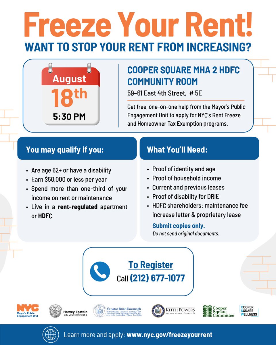 MayorsPEU's tweet photo. Want to stop your rent from increasing?

Get free help applying for NYC’s Rent Freeze and Homeowner Tax Exemption programs.

📅 Aug. 18, 5:30 PM
📍 59–61 E. 4th St., #5E

Register online:
https://t.co/U6flCbMvsF

With @HarveyforNY @BrianKavanaghNY @KeithPowersNYC. https://t.co/5GovyA8UIo