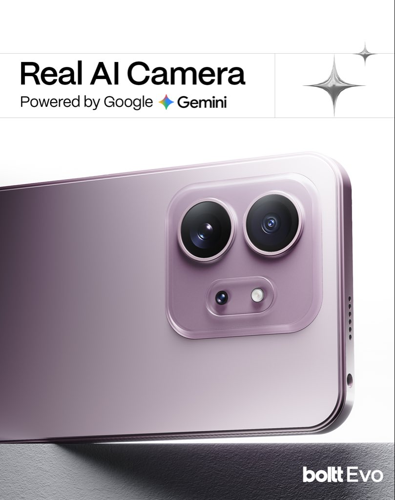 Bolttglobal's tweet photo. Real AI. Real tones. Real you. 📸⚡

Meet BOLTT EVO with a 50 MP AI Main Camera 
8 MP Front Camera with Real Tone - built to keep every shot clear, natural and true to life.

Launching 25th August. Exclusively on Flipkart.

#BolttEVO #BolttIndia #ImBoltt #BolttSmartphones #50MPCamera