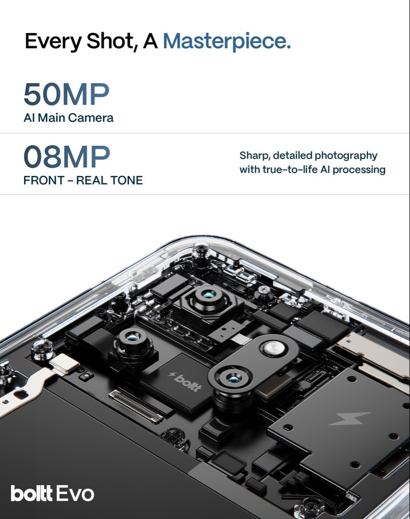 Bolttglobal's tweet photo. Real AI. Real tones. Real you. 📸⚡

Meet BOLTT EVO with a 50 MP AI Main Camera 
8 MP Front Camera with Real Tone - built to keep every shot clear, natural and true to life.

Launching 25th August. Exclusively on Flipkart.

#BolttEVO #BolttIndia #ImBoltt #BolttSmartphones #50MPCamera