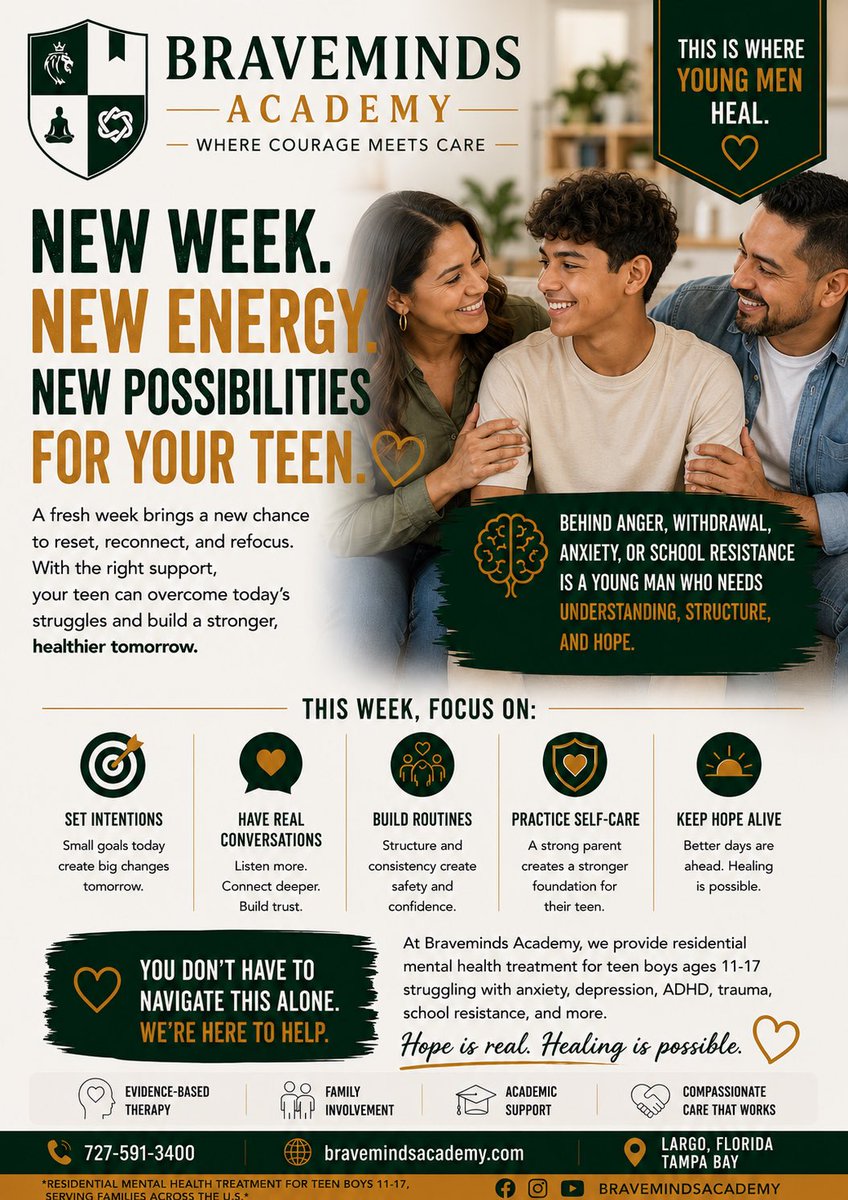 BravemindsA's tweet photo. 🚨 A new week can change more than the calendar. It can change your teen’s direction. 💚

If your teen is struggling with anxiety, depression, ADHD, school resistance, withdrawal, anger, or emotional challenges, this week is another opportunity to reconnect, rebuild routines, and ask for help when your family needs it.

At Braveminds Academy, we provide evidence-based residential mental health treatment for teen boys ages 11–17, with family involvement, academic support, and compassionate care in Largo, Florida, serving Tampa Bay and families across the U.S.

💚 New week. New energy. New possibilities. Hope is real. Healing is possible.

👉 Save this for the week ahead, share it with another parent, or call 727-591-3400 to learn more.

#TeenMentalHealth #TeenAnxiety #TeenDepression #ADHD #SchoolResistance #ParentingTeens #FloridaMentalHealth #TampaBay #BravemindsAcademy