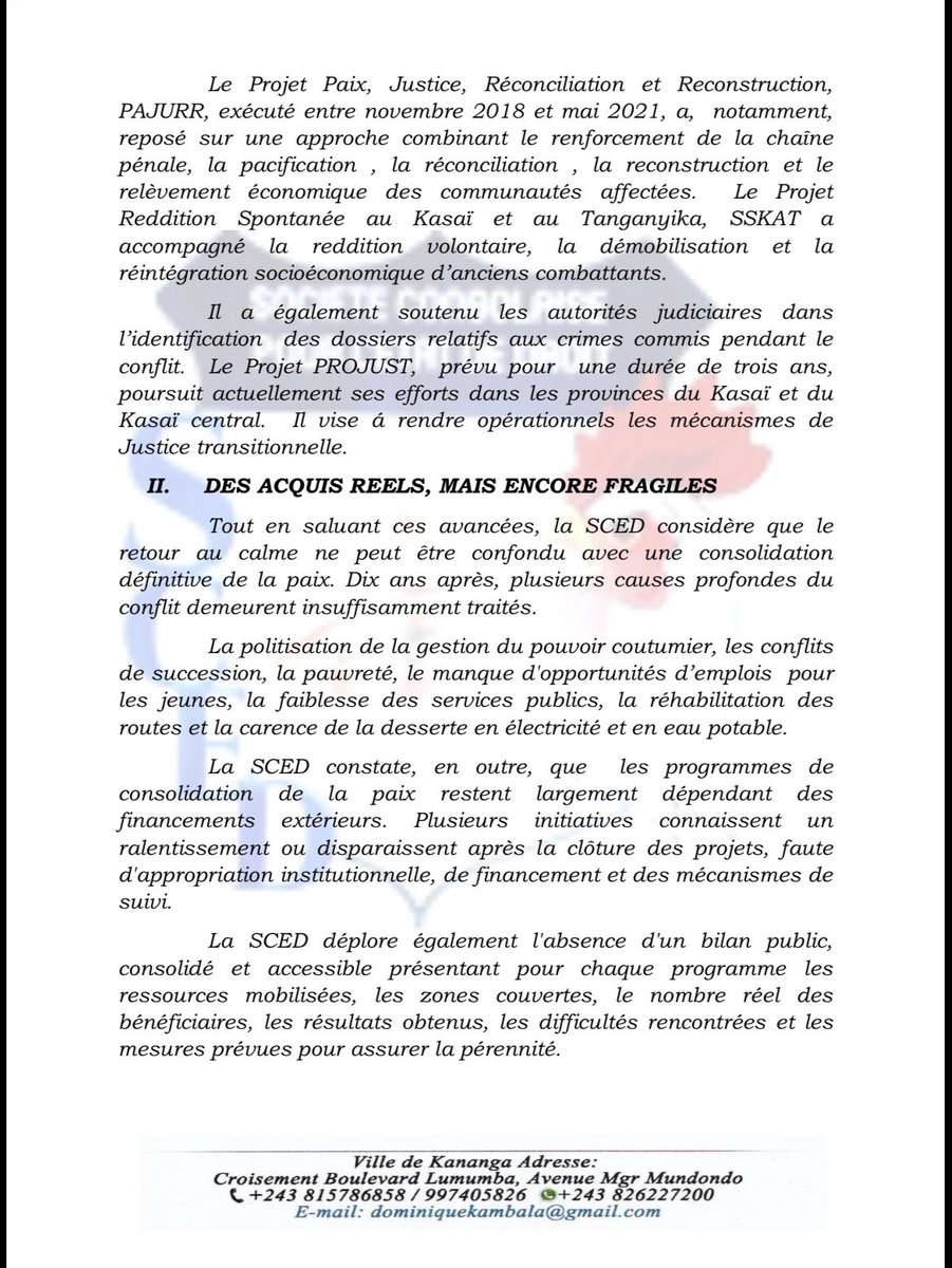 SCED49609063's tweet photo. 🚨COMMUNIQUE N°0108/SCED/DG/2026

Objet : Dix ans après l'assassinat du Chef #KAMUINANSAPU,la consolidation de la paix doit dépasser la logique
des projets
@PNUDRDC @PrimatureRDC @GKasaicentral @NgefaGuillaume @SamuelMbemba4 @TopCongo @acprdcongo @radiookapi @Presidence_RDC https://t.co/NSiPYZrhNr