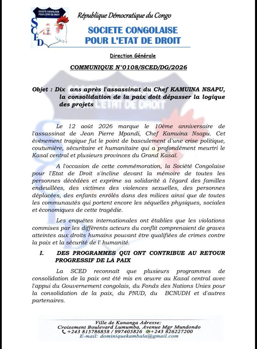SCED49609063's tweet photo. 🚨COMMUNIQUE N°0108/SCED/DG/2026

Objet : Dix ans après l'assassinat du Chef #KAMUINANSAPU,la consolidation de la paix doit dépasser la logique
des projets
@PNUDRDC @PrimatureRDC @GKasaicentral @NgefaGuillaume @SamuelMbemba4 @TopCongo @acprdcongo @radiookapi @Presidence_RDC https://t.co/NSiPYZrhNr