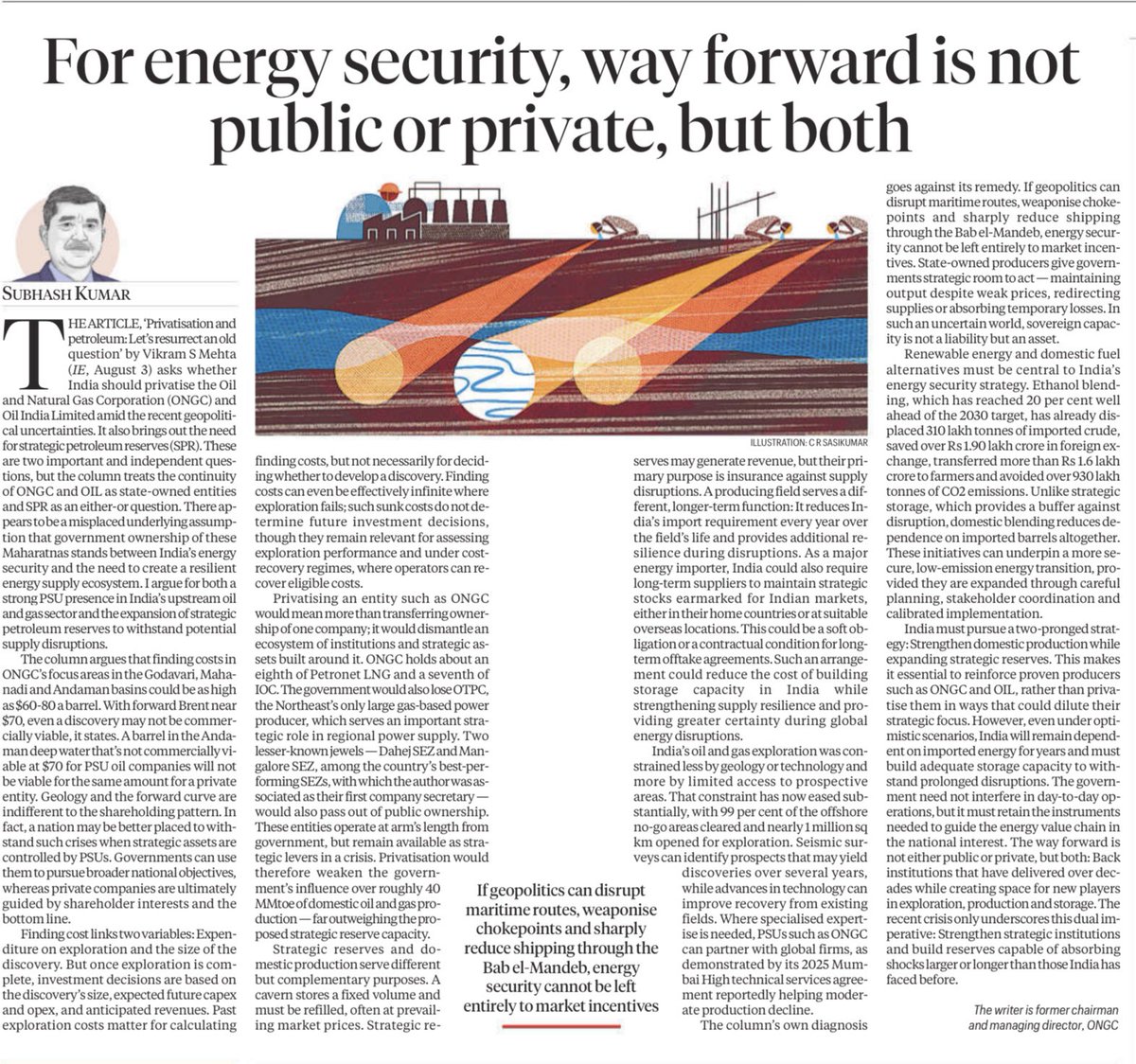 TheRepublicLens's tweet photo. India’s energy security cannot be achieved by choosing between the public and private sectors. With geopolitical tensions, import dependence and possible supply disruptions, India needs a balanced approach- strong strategic institutions, greater domestic production, adequate reserves and private-sector participation.

Understand this article in 🖐🏻 Key Points:-

1. 🛢️ Don’t weaken strategic PSUs - ONGC and OIL are not merely commercial entities; their decades of expertise make them important to India’s energy security.

2. 💰 Cost isn’t everything - Oil exploration involves geological and financial risks. Short-term commercial viability should not alone determine long-term strategic decisions.

3. 🛡️ Build stronger strategic reserves - Reserves provide a crucial buffer against geopolitical crises, supply disruptions and sudden price shocks.

4. 🌍 Reduce import vulnerability - India will remain dependent on imports, so domestic production, renewables, ethanol and diversified import sources all have a role.

5. ⚖️ Public + Private = the way forward - India needs private investment and competition, but also strong public institutions capable of serving strategic national interests.

Bottom line: 🇮🇳 India’s energy security needs both market efficiency and strategic state capacity- not one at the expense of the other.