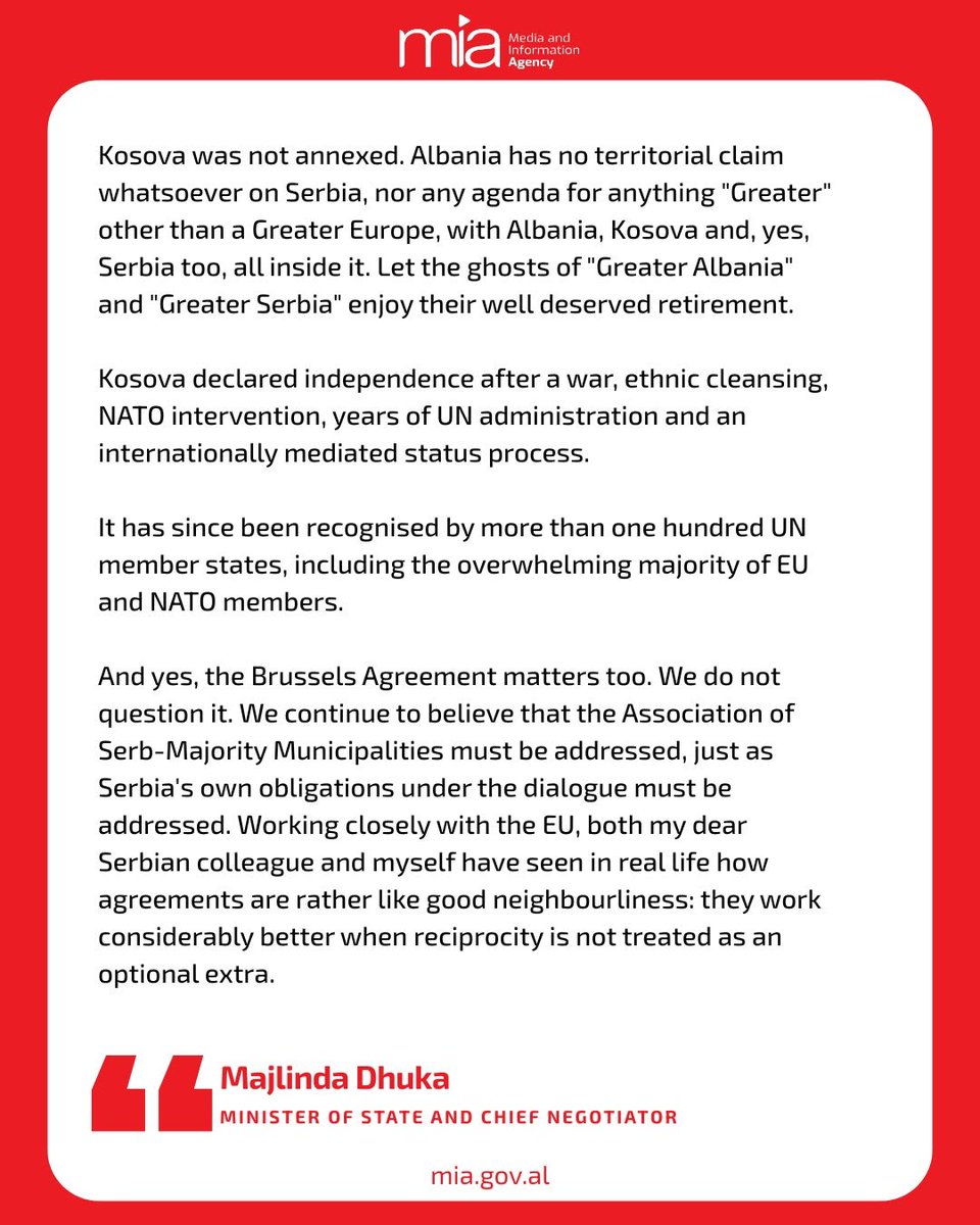 mia_gov_al's tweet photo. A response from Minister of State and Chief Negotiator Majlinda Dhuka to Serbia’s Minister for European Integration, Nemanja Starović, on the Ibër river:
“The river flows forward. History does too.” https://t.co/kq19TUdXkm