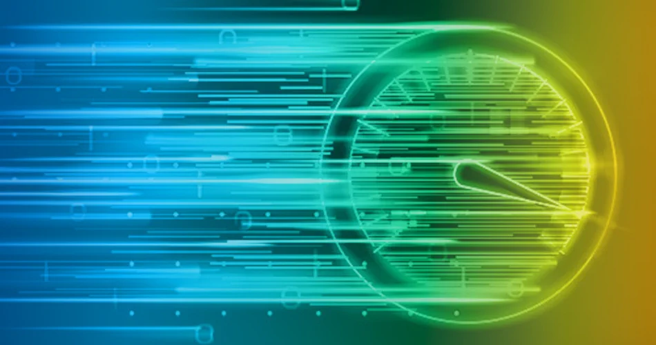 Digital speedometer with blue and green streaks symbolizing fast data transfer.
