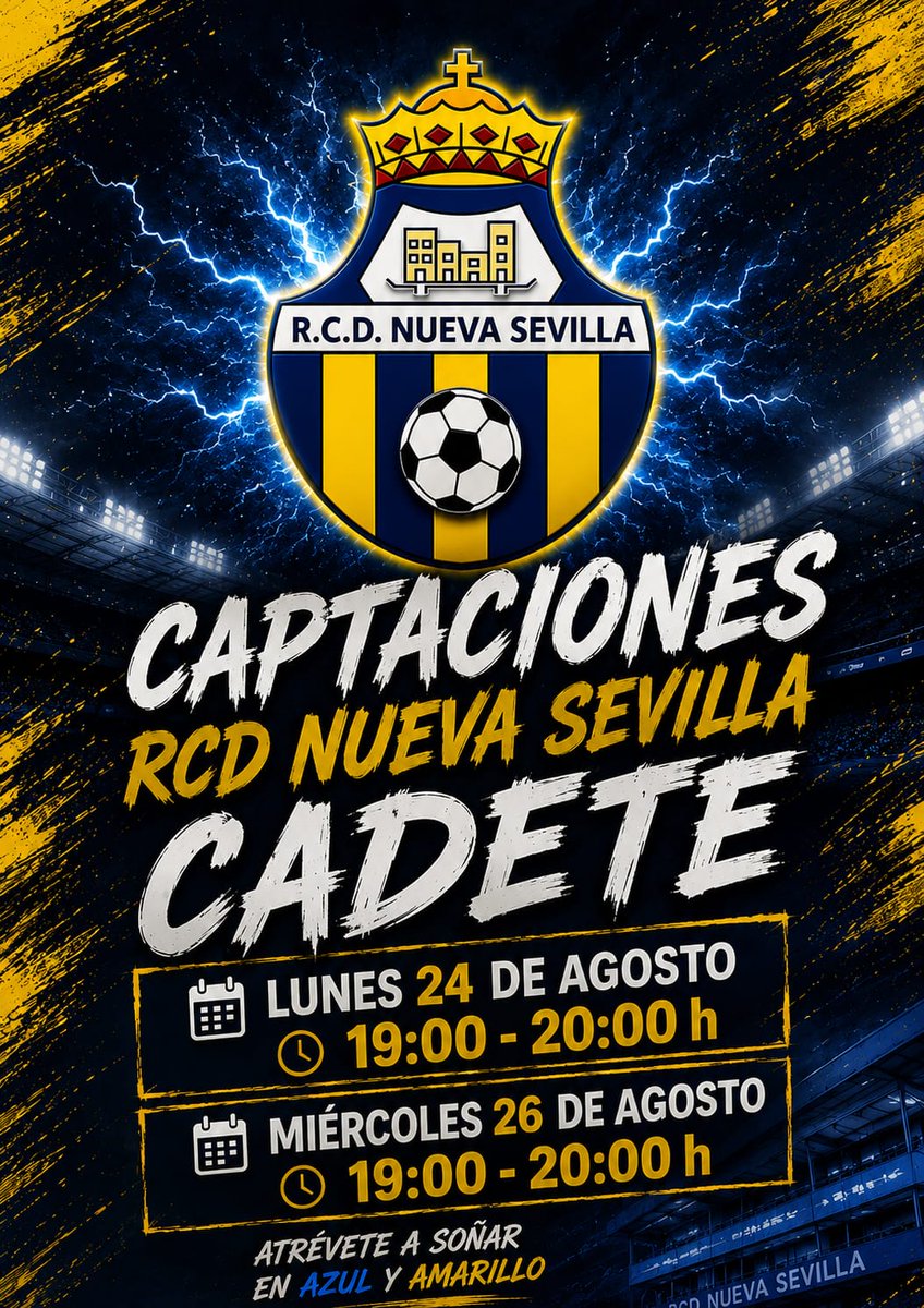 RCDNuevaSevilla's tweet photo. 📢 | CAPTACIONES CADETES MASCULINO | en nuestras remodeladas instalaciones.

Contacta con nosotros y únete a esta gran familia. !Juntos somos más fuertes!

📅 Lunes 24 y Miércoles 26 de Agosto
⏱ De 19 a 20 Horas
🏟️ Joaquín Rodríguez Morilla

#sentimientoauriazul #rcdnuevasevilla https://t.co/27SqNm6sbF