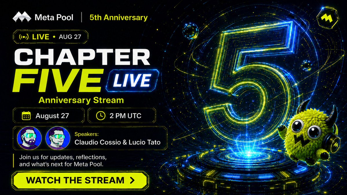 Announcement for Meta Pool's 5th Anniversary livestream on August 27 featuring speakers Claudio Cossio and Lucio Tato.