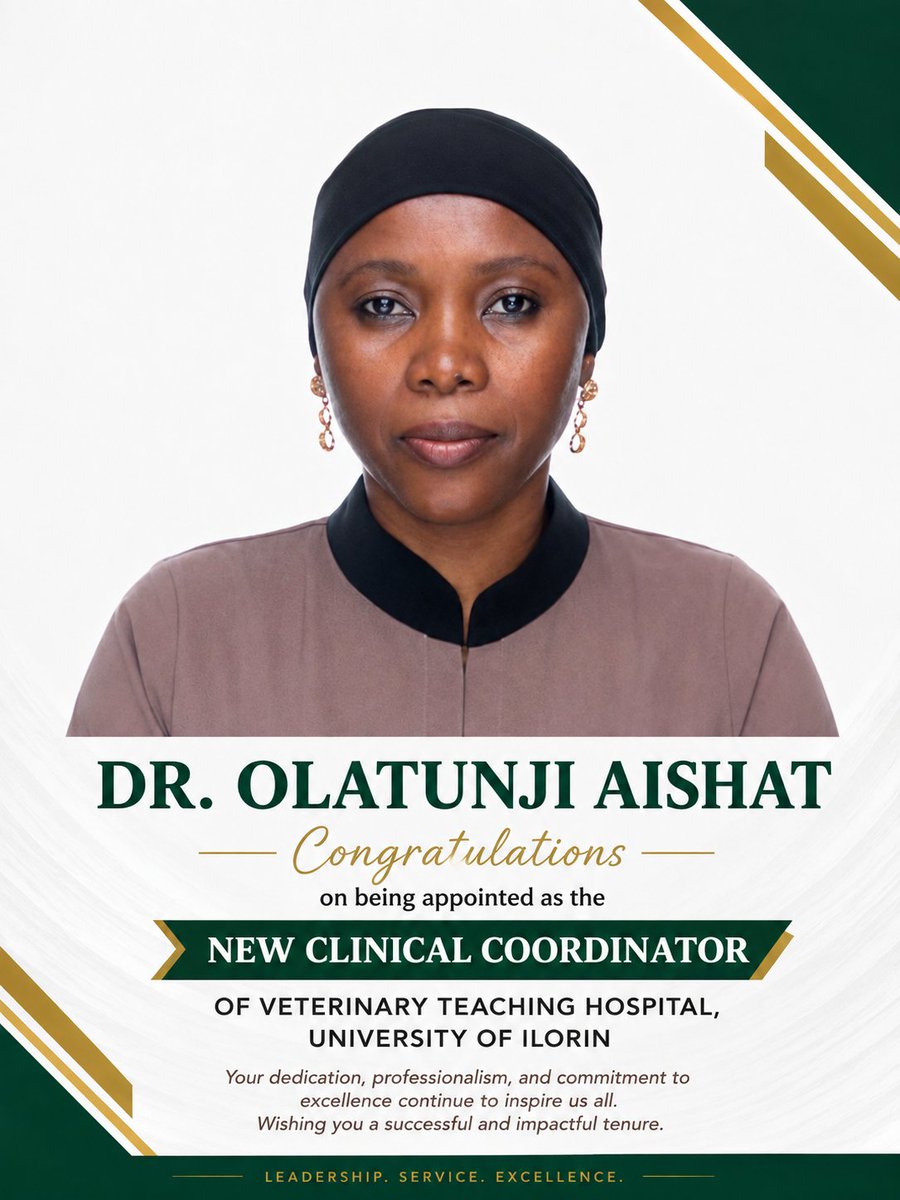 AvmsUnilorin's tweet photo. Vetmily warmly congratulates Dr. OLATUNJI AISHAT on her appointment as the new Clinical Coordinator of the Veterinary Teaching Hospital, University of Ilorin. Wishing you a smooth and fulfilling tenure. May you continue to make a positive impact in your new role. 🤍 https://t.co/Ro8aHOw4Mp