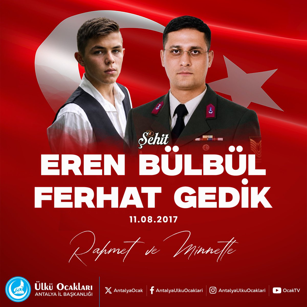 ManavgatOcak7's tweet photo. 11 Ağustos 2017'de Trabzon'un Maçka ilçesinde Pkk'lı hain teröristler tarafından şehit edilen Eren BÜLBÜL ve Astsubayımız Ferhat GEDİK'i rahmet ve minnetle anıyoruz. https://t.co/2Obr2F6Ppb