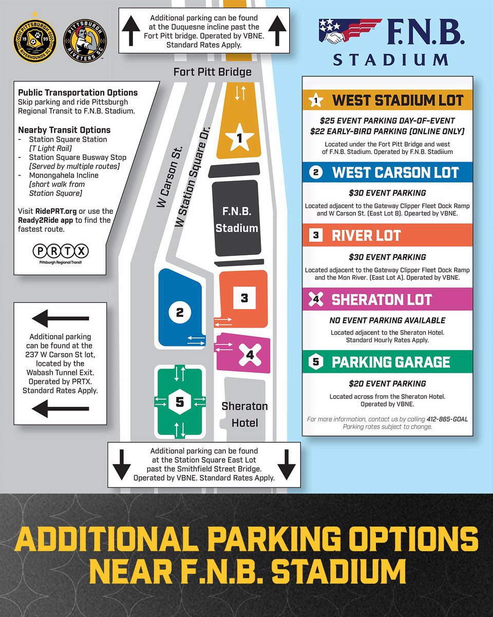 RiverhoundsSC's tweet photo. ‼️ Hey Hounds fans, parking in the West Stadium Lot is sold out for Saturday’s match!   Swipe for additional options near F.N.B. Stadium! https://t.co/zkyQ01GRfZ