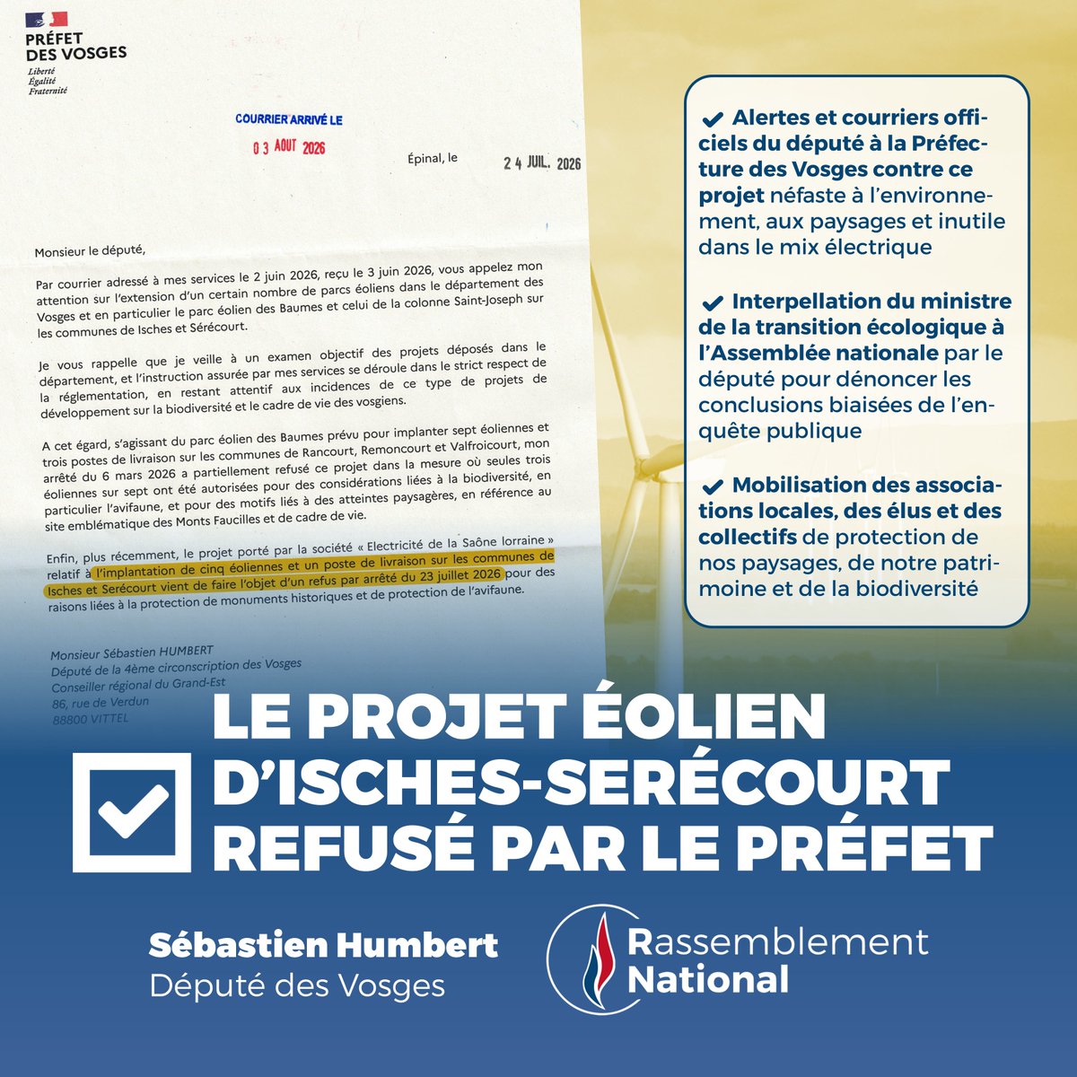 seb_humbert's tweet photo. ✅ Le projet éolien d'Isches-Serécourt refusé par le Préfet par arrêté du 23 juillet 2026. https://t.co/1h24H9udlu