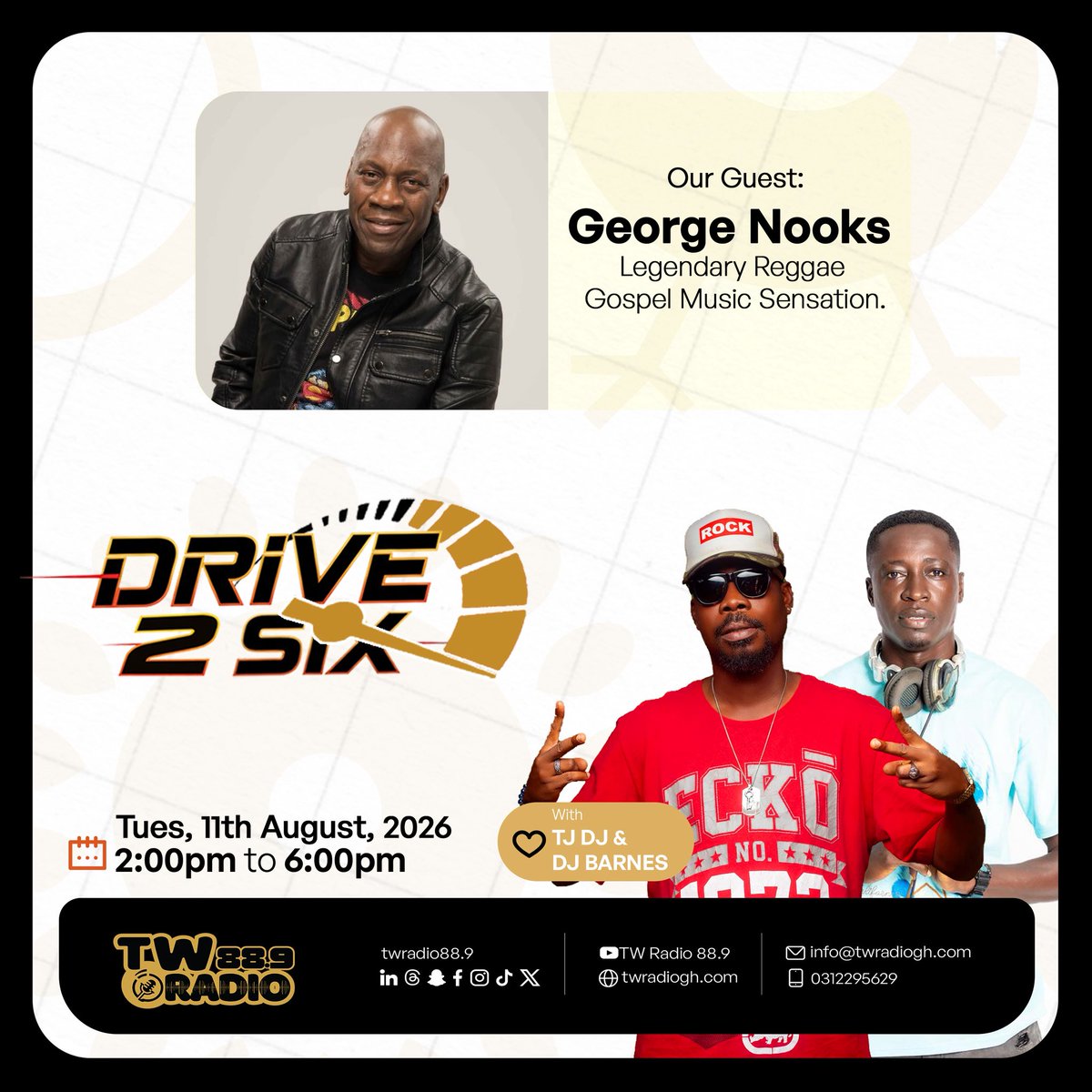 twradio889's tweet photo. Jamaican reggae singer George Nooks is our special guest this afternoon on Drive 2 Six with Olu Waje TJ and the hookup DJ, Champion Barnes. Stay tuned!

#TWRadio | #Drive2Six | #VisitCapeCoast https://t.co/aBO7JLyKRF