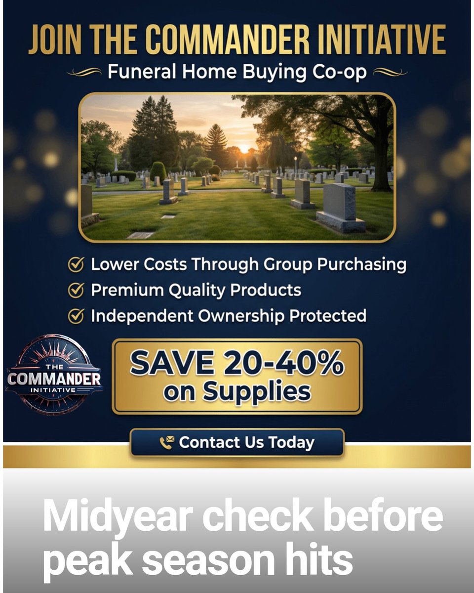 CommandersRisi1's tweet photo. Midyear is the time to check your support system before busy season hits.
Independent funeral homes need stronger vendor ties and a network that works when demand spikes.
Join Commander today.
Learn More https://t.co/aJtT3MXXeZ #Commander Initiative https://t.co/h4mo3DVVxK