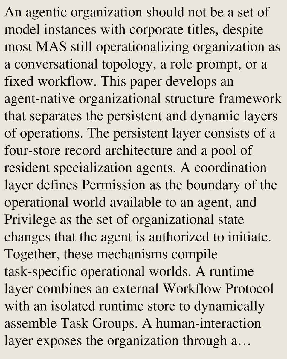 PIN's tweet photo. Fluid Structure, Rigid Record: A Layered Organizational Design Framework for Agent-Native Organizations

Lucian Zhu
https://t.co/rvij0YLySN [𝚌𝚜.𝙼𝙰] https://t.co/QSTCWtW9Ib
