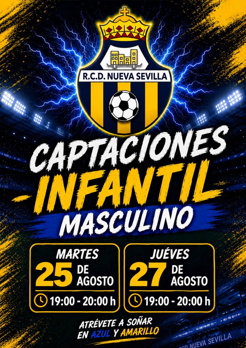 RCDNuevaSevilla's tweet photo. 📢 | CAPTACIONES INFANTIL MASCULINO | en nuestras remodeladas instalaciones.

Contacta con nosotros y únete a esta gran familia. !Juntos somos más fuertes!

📅 Martes 25 y Jueves 27 de Agosto
⏱ De 19 a 20 Horas
🏟️ Joaquín Rodríguez Morilla

#sentimientoauriazul #rcdnuevasevilla https://t.co/DjmT2wq5ds