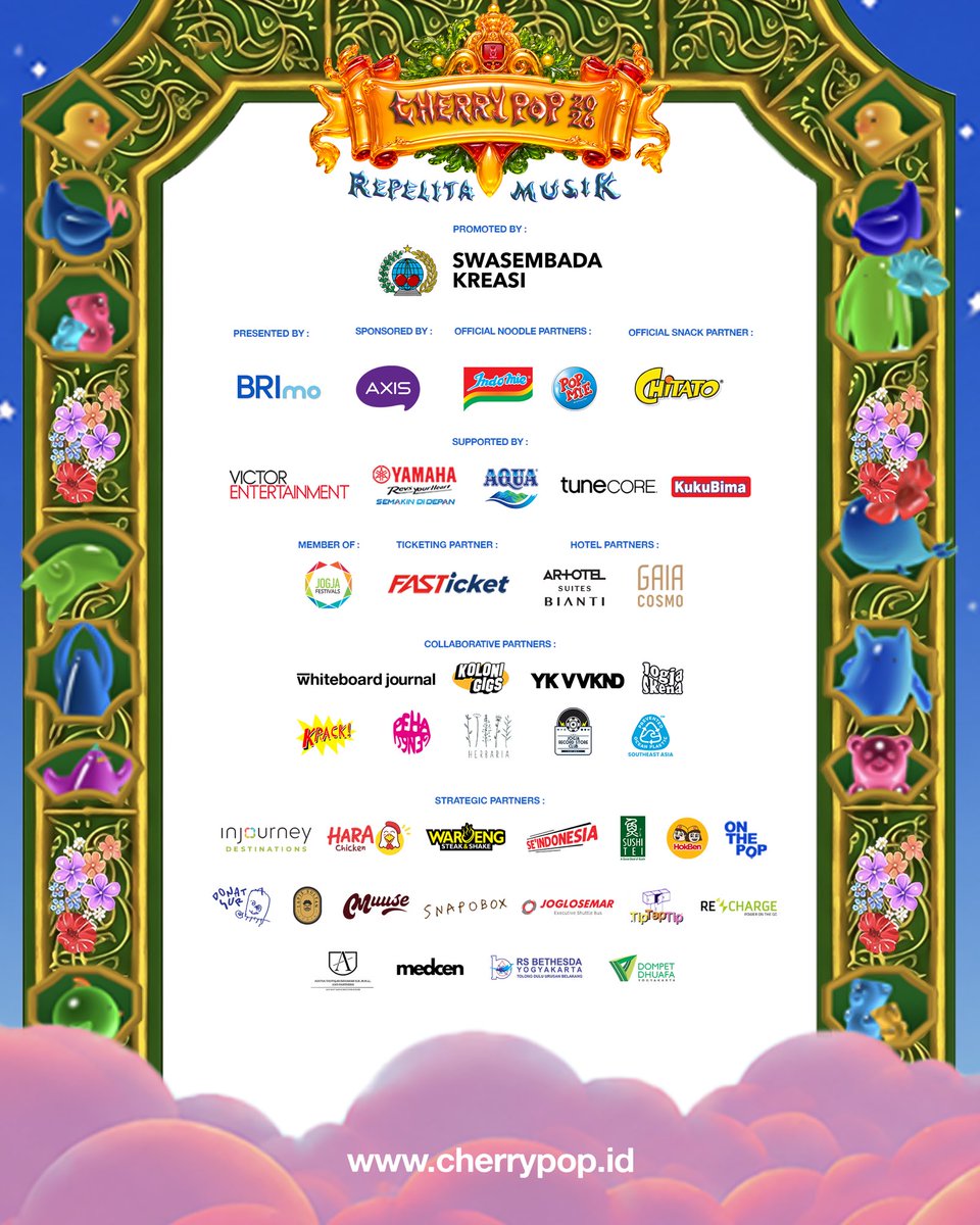 cherrypopfest's tweet photo. Selamat datang di Cherrypop 2026 "Repelita Musik" dipersembahkan oleh BRImo

Selamat bergabung kepada seluruh sponsor, partnership, kolaborator, dan rekan media 🤝

Sampai jumpa di Candi Prambanan
22 &amp; 23 Agustus 2026 🥰

🍒 #cherrypop #repelitamusik https://t.co/vS1dNoUGRe