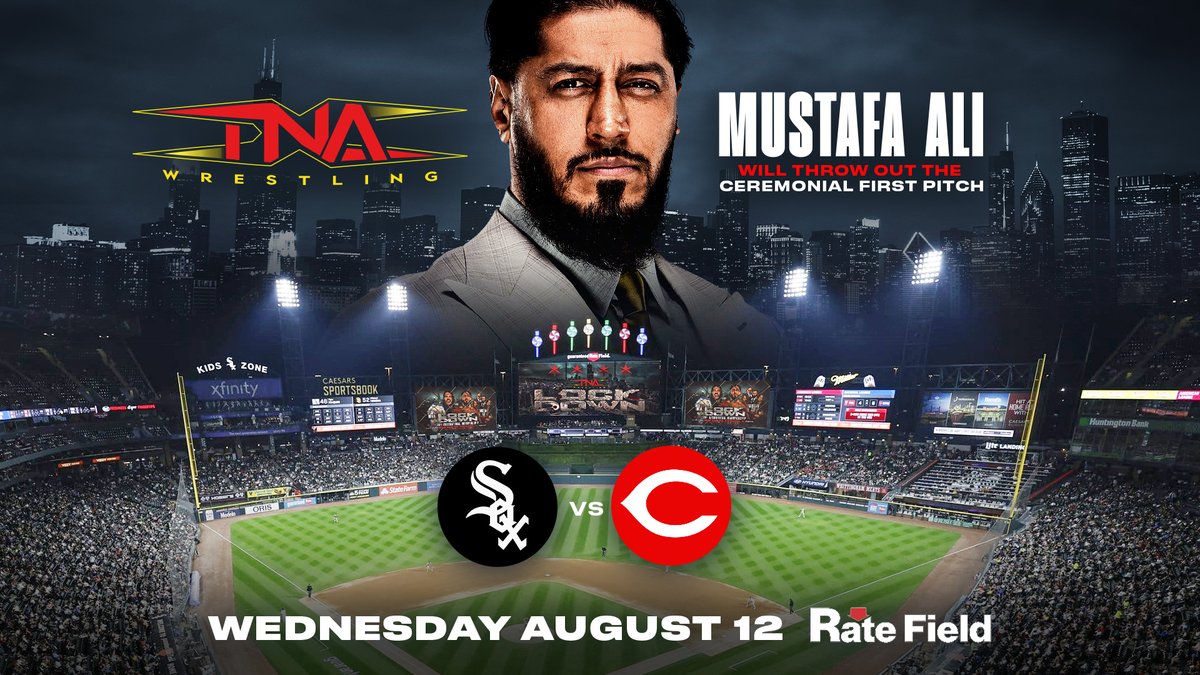 ThisIsTNA's tweet photo. As TNA prepares for #TNALockdown in Chicago @MustafaAli_X will throw out the Ceremonial First Pitch on Wednesday, August 12, at Rate Field before the first-place @whitesox play host to the @Reds. The game starts at 6:40 p.m.

Lockdown is Sunday, August 23, at Credit Union 1 Arena in Chicago.
