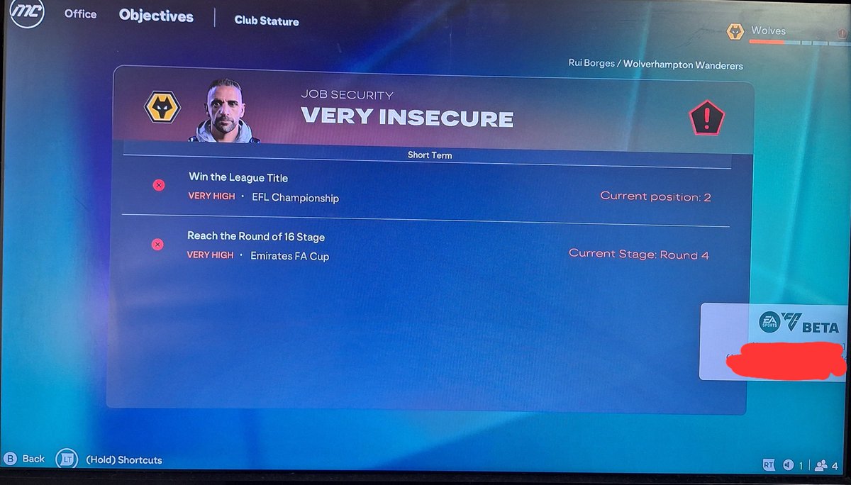 KingChrisWilder's tweet photo. @EASPORTSFC Career mode still broken on #fc27beta 
Got Wolves Promoted on 95 Points and because I didnt win the league they sacked me before the start of the new season , I had lenient board expectations aswell FFS https://t.co/WzBbtOnBir