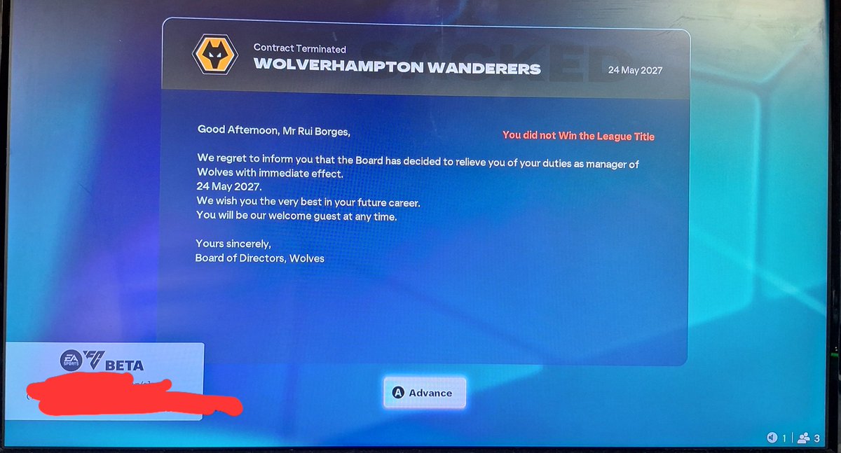KingChrisWilder's tweet photo. @EASPORTSFC Career mode still broken on #fc27beta 
Got Wolves Promoted on 95 Points and because I didnt win the league they sacked me before the start of the new season , I had lenient board expectations aswell FFS https://t.co/WzBbtOnBir