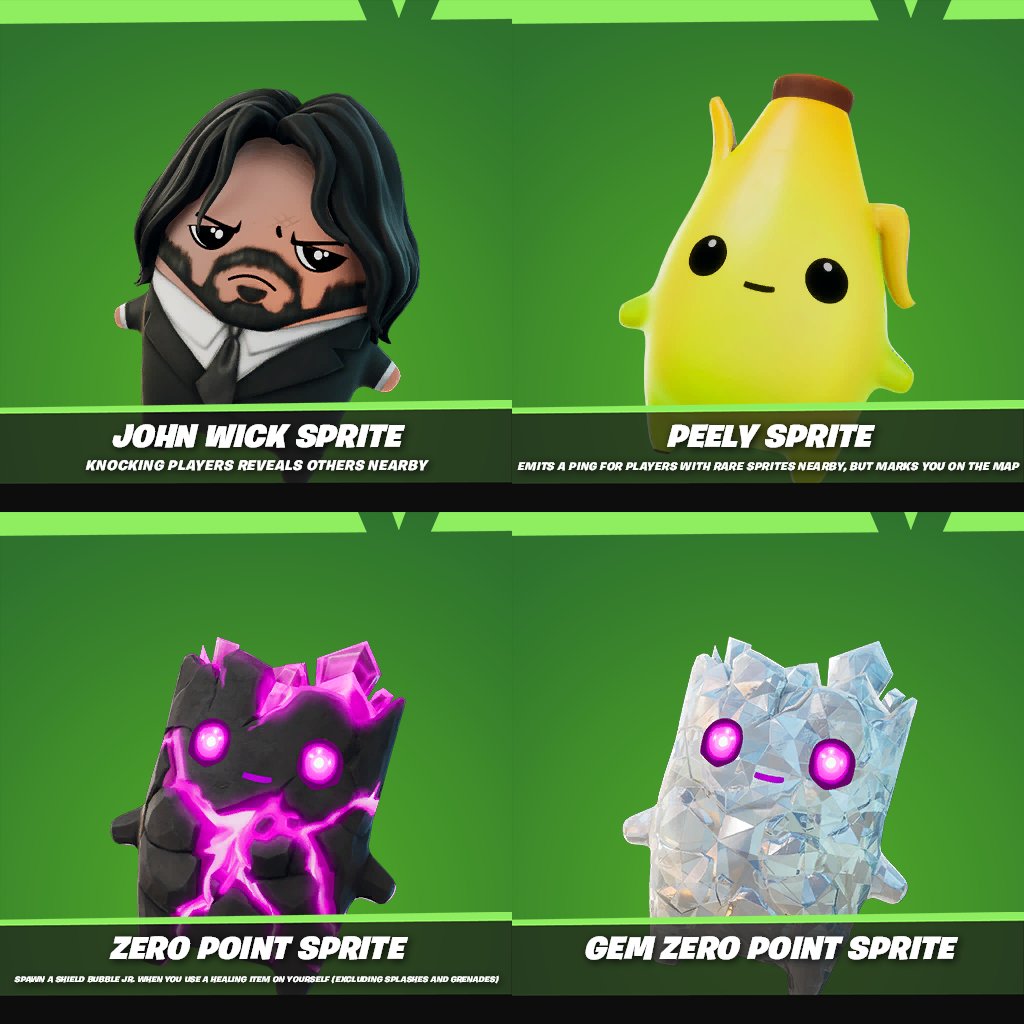 FireMonkey's tweet photo. The Sprite Spree Quests are set to give the following Sprite rewards:

- Gem Zero Point Sprite
- Zero Point Sprite
- Peeky Peely Sprite
- John Wick Sprite https://t.co/fmaXA8NxZc