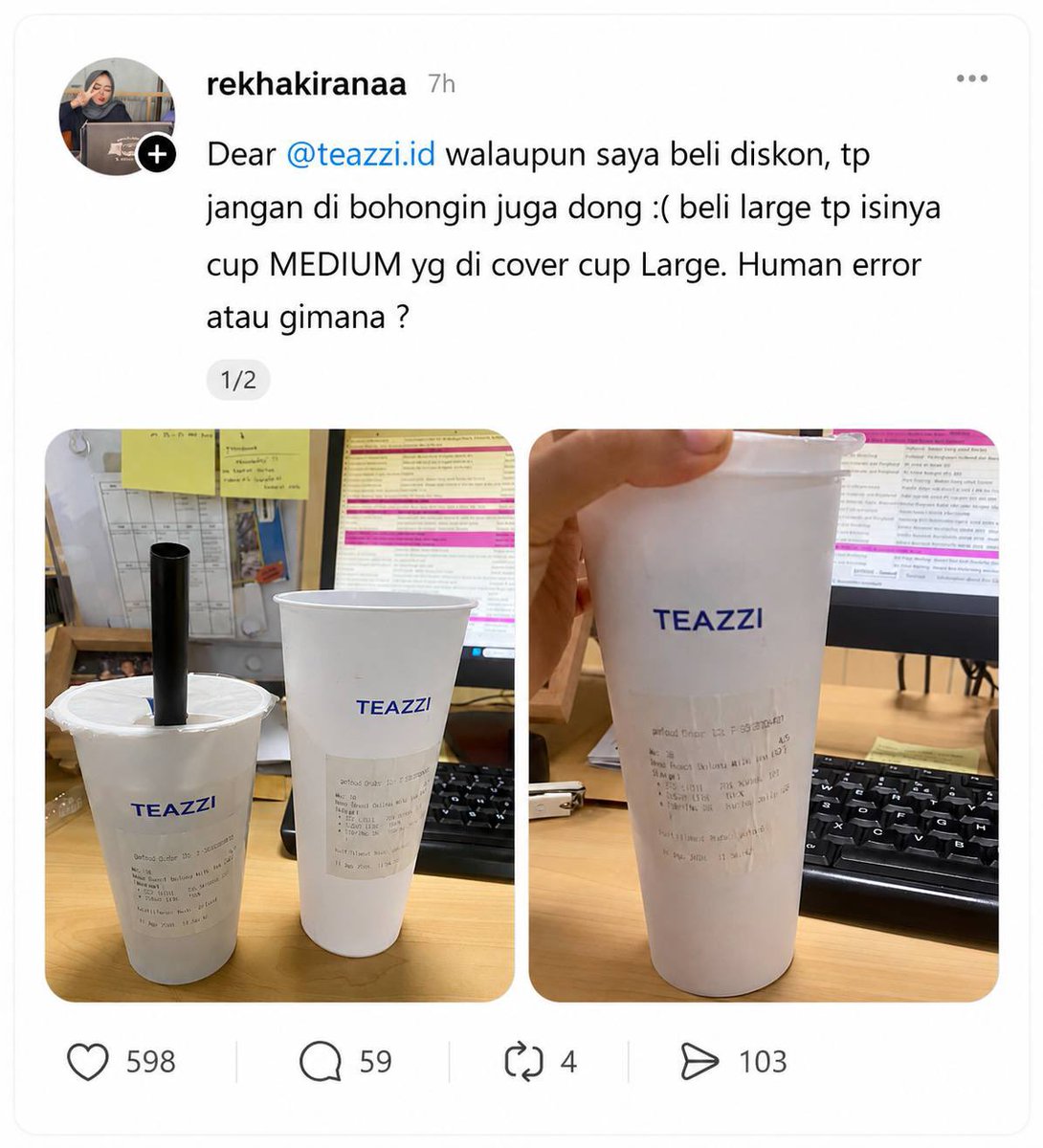 batutatot's tweet photo. parah bgt jir, beli size large tapi dikasih size medium yg cuma ditimpa cup large 😂 https://t.co/R6P6PeaLpc