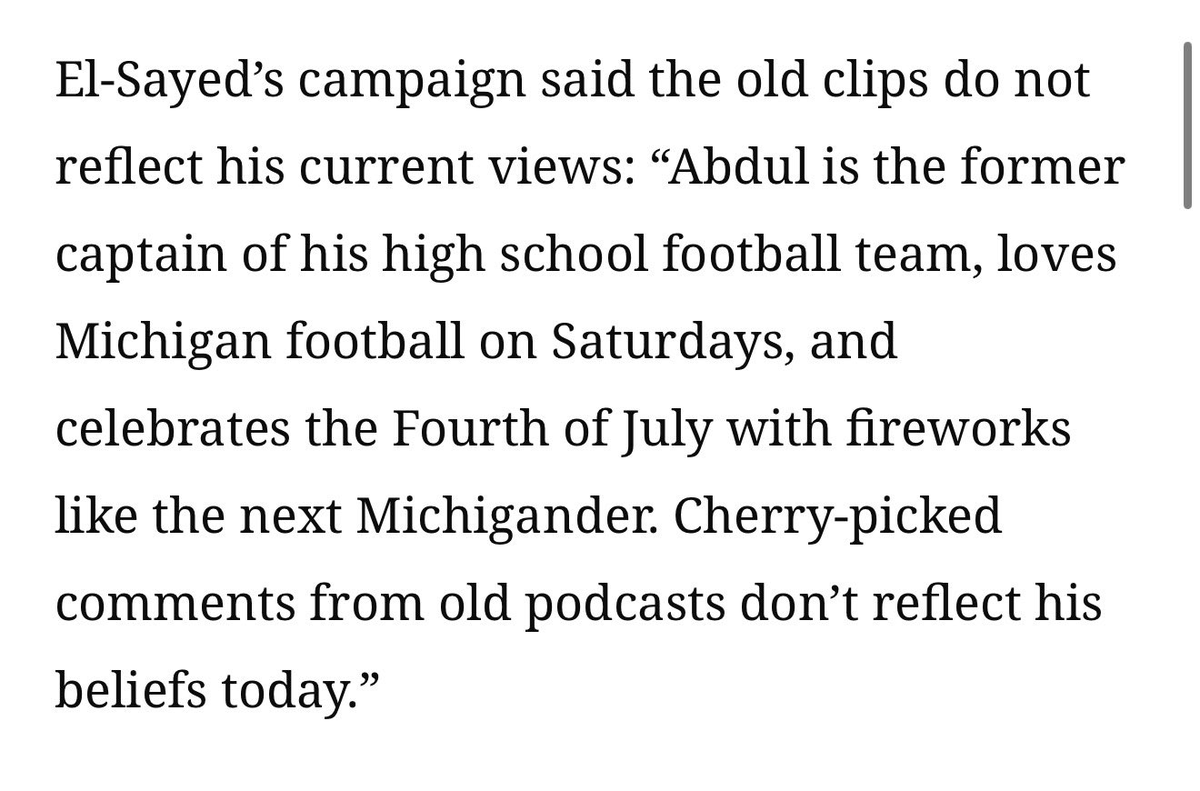 greg_price11's tweet photo. Abdul El-Sayed's campaign: "Cherry-picked comments from old podcasts don't reflect his beliefs. today."

His comments saying he hates football and fireworks were from 2023 and 2024 lmfao https://t.co/PPzqDIyFsa