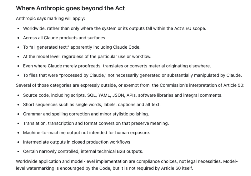 _simonsmith's tweet photo. It's worth noting that Anthropic's watermarking goes way beyond what the EU Act actually requires. This doesn't need to be global, apply to code, apply at the model level, apply to edits, and so forth. Those are CHOICES. https://t.co/8lAmdmnA1j