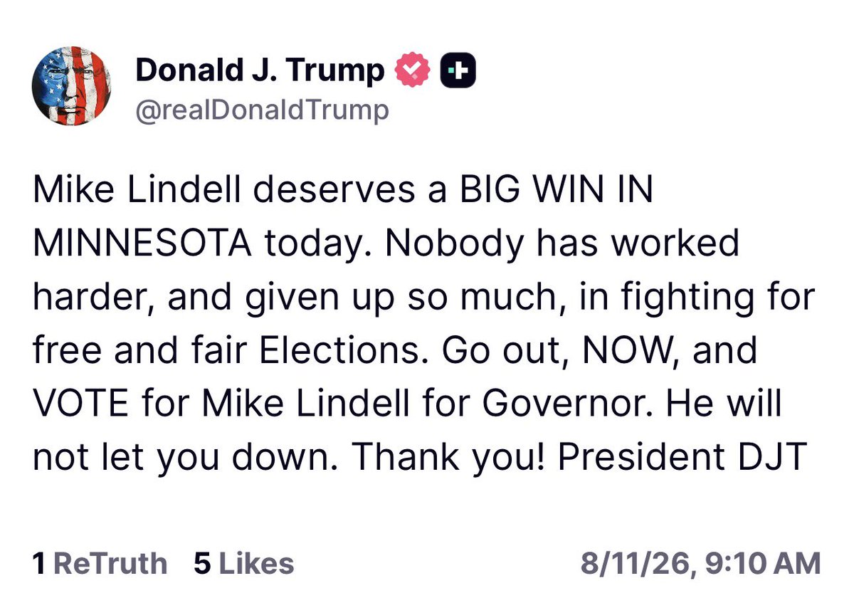 mbrodkorb's tweet photo. NEW: President Trump on Truth Social -> 

"Mike Lindell deserves a BIG WIN IN MINNESOTA today." https://t.co/EkWhidlSJs