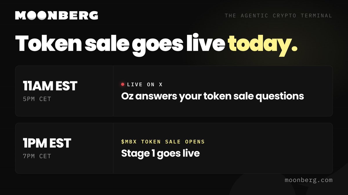 moonberg's tweet photo. The $MBX token sale goes live today at 
1PM EST / 7PM CET.

Two hours before it opens, Oz is live on 𝕏 
answering your questions about the sale. 

Drop your questions in the live chat during the 
stream and jackgk will pull them up live. https://t.co/mMhME2tUmL