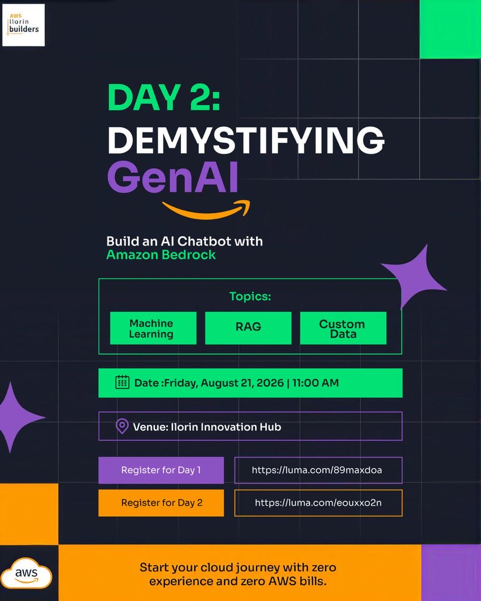 Yusadolat's tweet photo. Ready to cut through the AI hype?

On Day 2, we are diving deep into Generative AI. You won't just learn the theory; you will build a functional, real-world chatbot using Amazon Bedrock. 

The best part? We will use Retrieval-Augmented Generation (RAG*) so you can upload your own custom documents and teach your AI to answer questions based on your data. 🤯
 
Secure your spot before it fills up!

*Day 1 (Aug 20)*: https://t.co/PWCeNeS74w
*Day 2 (Aug 21)*: https://t.co/MqTB4AnYfw