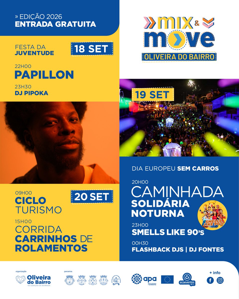OLB_Municipio's tweet photo. Já foi apresentado o Mix&amp;Move #OliveiradoBairro 2026.
Marque já na agenda: 18, 19 e 20 de setembro.
Atividades e concertos com #entradagratuita.
Mais info em https://t.co/sGUfqIAjHN
Mobilidade | Música | Desporto | Solidariedade https://t.co/K6CNQZlJ7P