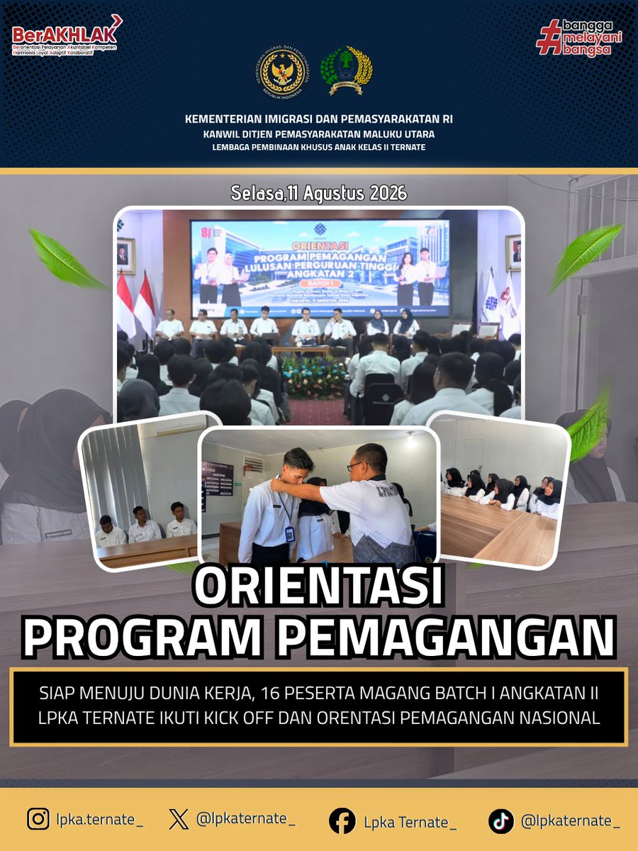 lpkaternate_'s tweet photo. SIAP MENUJU DUNIA KERJA, 16 PESERTA MAGANG BATCH I ANGKATAN II LPKA TERNATE IKUTI KICK OFF DAN ORENTASI PEMAGANGAN NASIONAL

Baca Selengkapnya di :
https://t.co/zLPpcvJzF9 https://t.co/M0J5jaoGTg