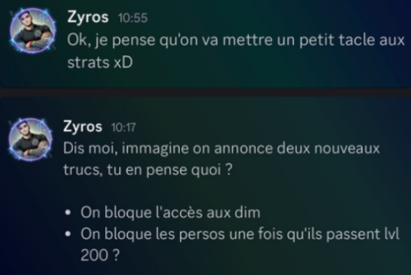 omartfmxd's tweet photo. Je ne voulais pas en arriver à en parler publiquement, mais il y a certaines choses qui ne peuvent plus rester sous silence.

Depuis la sortie de la maj Gargandyas, le joueur Oopico a été ajouté en ami sur Discord par des devs d'Ankama pour avoir son avis sur le boss et la maj. Tout va bien, il donnait ses  avis. Mais ce dernier profite de cette confiance pour modifier/nerf/up des trucs, pas pour le bien du jeu, mais pour son bénéfice perso.

Le premier truc, c'était la pano CMM. Il a DM la personne A : « pitié faut nuke la pano CMM asap », et le dev a réagi à ce message avec une confirmation. À la prochaine maintenance, environ 4 jours après, ça a été détruit, alors que le souci venait de l'IA des mobs et du Pourpre. Le forum était en feu pendant 1-2 mois parce que tout le monde jouait Feca CMM pendant cette période.

Et il nous partageait son écran avec toutes ses conversations avec les dev pendant des mois . Depuis, il abuse en continu de ces relations avec ces 3 personnes il leech d'une façon intelligente  des infos par-ci par-là. Pour eux, c'était genre Faker de Dofus et quelqu'un de confiance.

Là, en ce moment, il les spam pour nerf la team Sadida et on lui a répondu que ça viendra en septembre. Lui, il s'en fout si c'est bien ou mauvais pour le jeu, il veut juste un monopole de farm et que la commu ait moins de strats de farm à disposition, parce que la majorité des joueurs ont la flemme de theorycraft du 40-50 placements. Comme ça, il peut profiter seul et vendre ses kamas tranquille.

Pour ces membres du staff, ce n'est pas de leur faute, c'est pour ça que je ne partagerai pas  leurs pseudos(sauf si on me dément). C'est un gros manipulateur qui profite de leur gentillesse, mais pitié, arrêtez de leak des infos ou des trucs qui arriveront en jeu. Dofus, c'est un jeu d'économie : un petit détail peut enrichir une personne, surtout si elle est malveillante comme ce dernier et c'est malsaint pour le jeu.

Par contre, ce membre du staff que je vais mentionner là a fait une big connerie et ça mérite d'être leak. Vous vous souvenez du Speedrush ? Ce monsieur a leak le nerf des dimensions 1 semaine à l'avance, avant que le public le sache, alors qu'on avait 2 semaines de préparation. L'équipe Speedrush Solary avait cette info.

Dans le screen du bas, vous avez lui Monsieur Zyros , avec un petit « XD » à la fin, genre « hihi on a bz leur strat ». Quand j'ai vu ça, j'étais mort de rire. Imaginez un tournoi à 200 000 € où l'organisateur leak un truc pareil 1 SEMAINE avant l'annonce officiel, ça dégoûte non ?

En tout cas, par pitié, arrêtez de share des informations confidentielles avec les joueurs. Si vous voulez des avis, y'a Volca, Sap, Infi, Shanol, Loreillo, Hugo, Skyzio, des mecs legit, kiffeurs du jeu. C'est eux qu'il faut entendre, pas un monsieur qui s'en sert pour ruiner la commu farm, profiter seul et s'enrichir IRL.

Bref.

« Mais Omar, vous étiez potes, non ? »

Oui, on était potes et je suis quelqu'un de friendly avec toute la communauté. J'ai des dizaines de DM par jour avec toutes sortes de problèmes autour du jeu, j'aide tout le monde avec plaisir et je fais mes bails dans mon coin, à rigoler avec la commu, full chill.

Même pour ce dernier, depuis 2022, il me DM pour des mises à jour de l'Invoker, etc., des trucs hors CGU. Je le dépannais tranquille, et on parlait du jeu etc.., c'était pour moi comme un ami.

Mais depuis Unity, quand Fekah lui a donné une carrière et qu'on l'a aidé à se lancer et à développer sa communauté , nous — ses potes et son entourage — il s'est mis à nous prendre de haut, comme si c'etait Cr7.

Aussi avant le début du Speedrush, je lui ai confié une strat que j'allais faire. Il l'a report à Zyros pour que ça soit patch, et il a report masse monde après le Speedrush pour suspicion de triche, comme Ratek, Noway Deplai, Ushuala, le top 9/10 et d'autres alors qu'il etaient legit sous rec. Et il jouait avec certains les jours d'après comme si de rien n'était. C'est vraiment un serpent.

En plus, c'est quelqu'un de toxique. Même avant ses débuts sur Twitch, il créait des alt sur Twitch et allait dans des streams de filles avec sa clique pour balancer des propos déplacés, etc.

C'est un cumul de raisons. Il m'a trahi de nombreuses fois, et j'espère que vous saurez voir son vrai visage. (Beaucoup le savaient déjà, ceux qui sont actifs sur son Discord et ceux qui étaient présents à la periode où il a harcelé le S en continue.), la majorité des screens ont été share dans mon discord et la majorité ont tous vu.

PS : son compte banni avec 15 MM, c'était un compte bot qu'il utilisait pour exploiter une faille. Et son compte principal sur Hell Mina, Oopicco, ainsi que ses anciens comptes, totalisent plus de 30 000 combats répartis sur tous les serveurs contre le boss Corbeau Noir — des combats qui auraient été faits entre 10 à 40 secondes, sous no-anim ;). Le staff a accès à ces logs suffit de check avant 2025.
@DOFUSfr