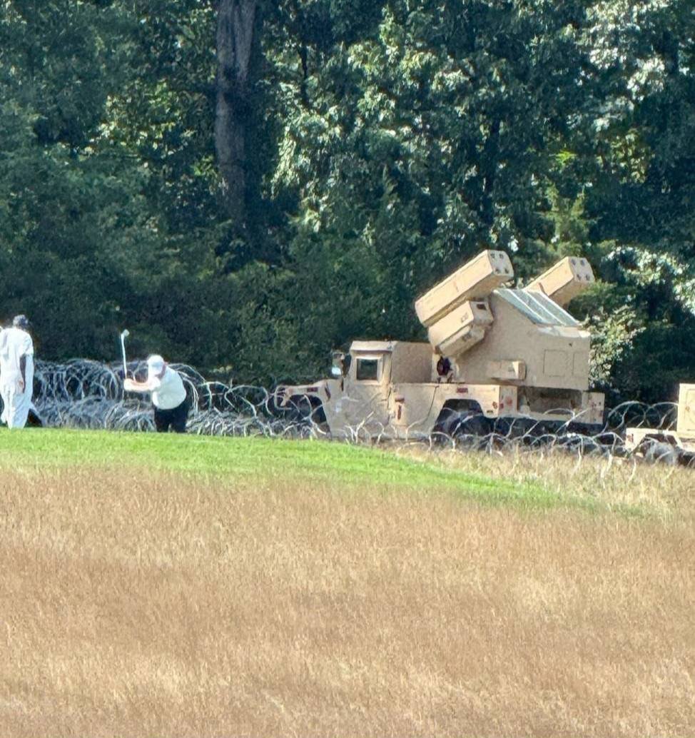 IRANinKENYA's tweet photo. Look at this Superpower.
The US President feels so secure that he brings missile defense to a golf course.
If an Iranian official did the same, Trump @POTUS  would tweet: “I made them so terrified they even fear golf balls! They even bring missiles to play golf. They’re weak. They’re terrified. We destroyed them.”
Double standards much?
Meanwhile, our Supreme Leader was martyred at his workplace with no bunker, no missile shield, no escape.
This is why we say: There’s a world of difference between us and US (uppercase/lowercase matters)