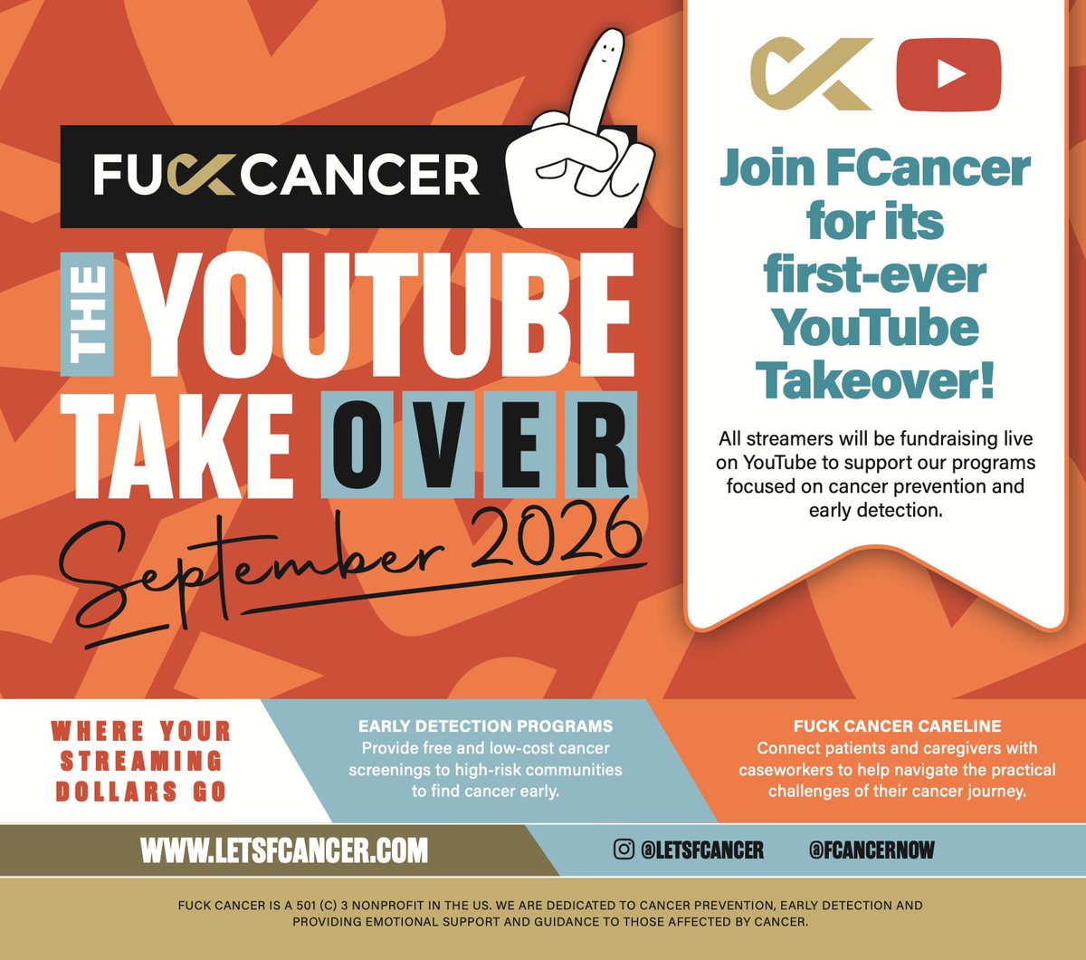FCancerNow's tweet photo. F Cancer's first-ever YouTube Takeover is happening this September. 🎮🖤 Streamers going LIVE to fundraise for cancer prevention and early detection.

Because some things are worth streaming for. 🔥

Want in? Send us a DM or comment below 👇 https://t.co/XTY8RqPTCt