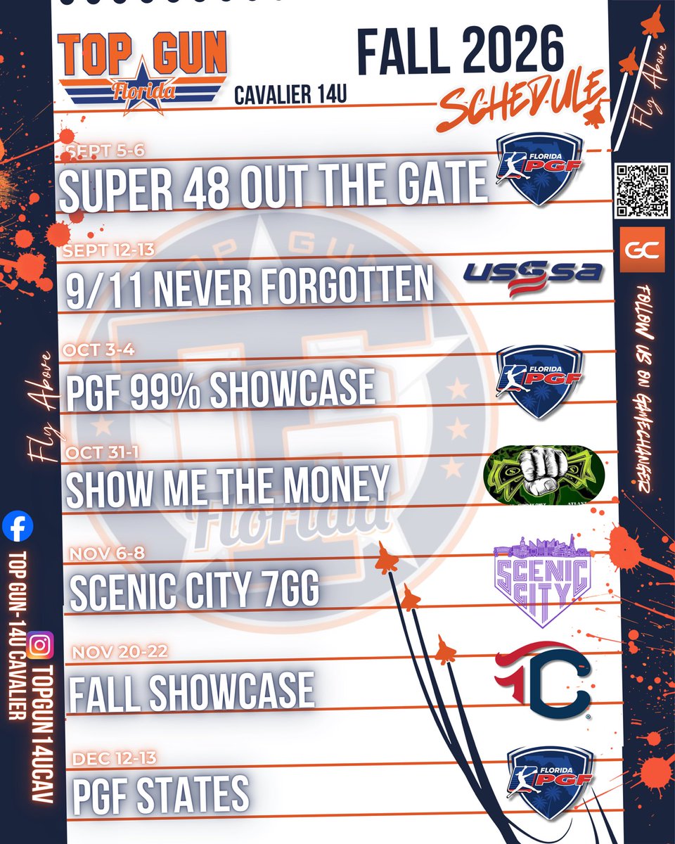 TopGun14uCav's tweet photo. Fall 2026 is loaded. 🔥🥎

Top Gun 14u Cavalier is stepping into a schedule built to challenge, expose, and elevate. 

Mark your calendars and let’s fly. ✈️

#TopGunFlorida #CollegeExposure
#FastpitchSoftball #RecruitmentReady #FlyAbove https://t.co/J0BM0bxGWF
