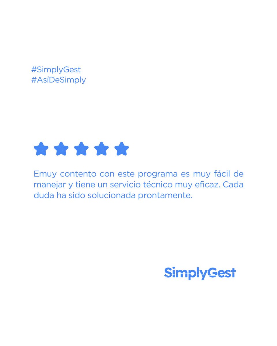 simplygest's tweet photo. 💙 Cada reseña nos confirma que seguimos cumpliendo nuestro objetivo: hacer que gestionar un negocio sea más sencillo.

🚀 Gracias por confiar en SimplyGest, recomendarnos y permitirnos formar parte de vuestro día a día. ¡Seguimos mejorando! #SimplyGest https://t.co/RBtQzCxvW6