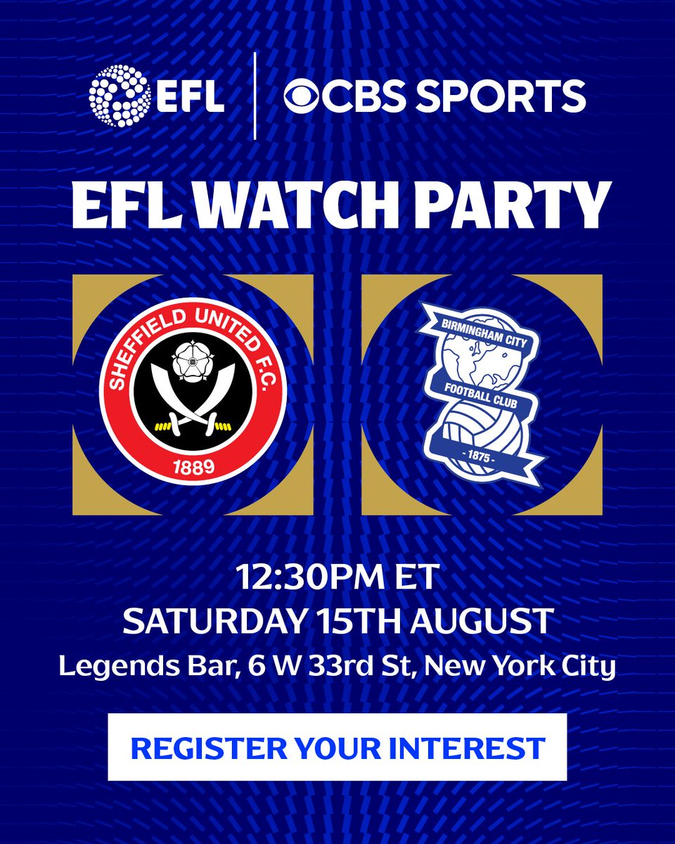 SheffieldUnited's tweet photo. Our opening match against Birmingham City will be shown at the EFL Watch Party taking place at Legends Bar, New York City. 🇺🇸

Click the link below to register your interest.