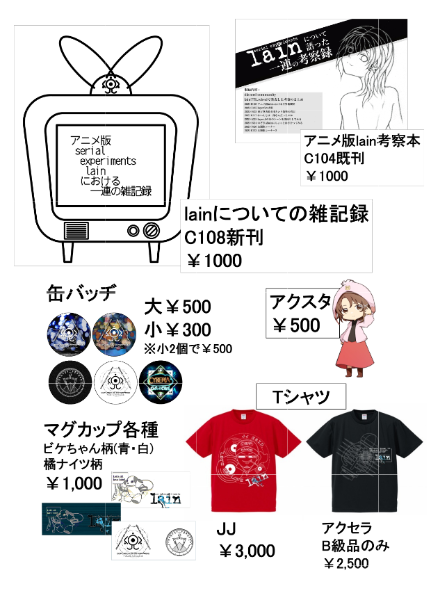 Yotsuhi_Nica's tweet photo. コミケ当日のおしながきを作成しました。
新刊はlainをリアルタイムで視聴しながら考察や思いのたけを綴った雑記録でございます。
ほかにもシャツや缶バッヂなどグッズの頒布も行います。
お待ちしていますー!
#C108
#lain https://t.co/3yIuNnbroF