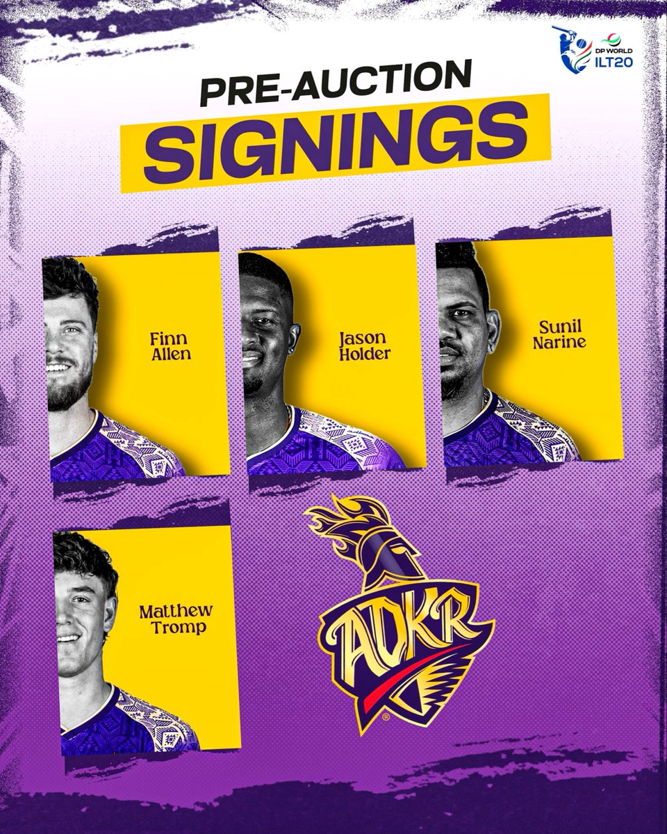 SportsNexusNews's tweet photo. ๐จILT20 PRE-AUCTION SIGNINGS๐ฅ
Abu Dhabi Knight Riders have made some big pre-auction moves.
๐ณ๐ฟFinn Allenโset for his first-ever ILT20 stint
๐ฏ๐ฒSunil Narine
๐ฏ๐ฒJason Holder
๐ฟ๐ฆMatthew Tromp
Finn Allen, who plays for KKR, will now represent ADKR in the ILT20. ๐
#ILT20 #ADKR https://t.co/GkehWzYGAk