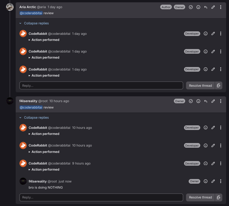 r1skdev's tweet photo. @coderabbitai definitely running review checks

what do i do if my ai is slacking off???? 😭 https://t.co/XeUlmrnA1W