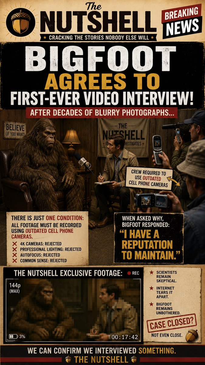 InANutShellNews's tweet photo. 🚨 BREAKING: Bigfoot has agreed to his first-ever video interview—with one condition: no modern cameras.

He reportedly demanded outdated phones and questionable lighting.

“I have a reputation to maintain.”

The Nutshell complied. 🌰

#Bigfoot #Satire #TheNutshell https://t.co/K8z67F0qlI